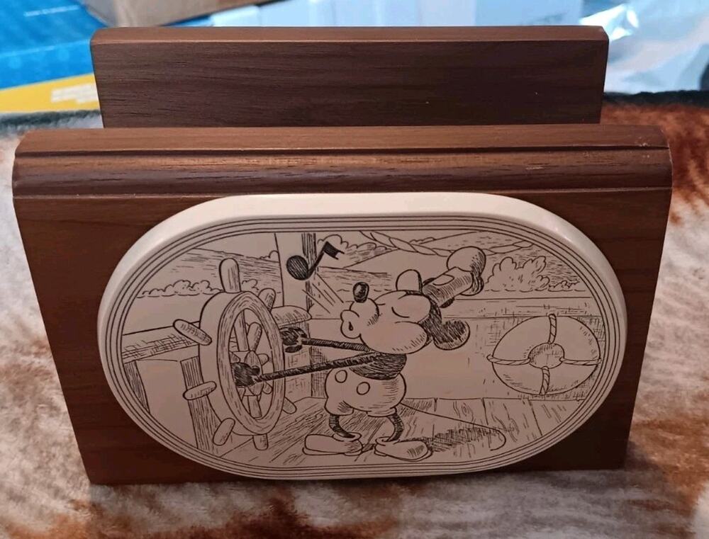 Rare Vintage Walt Disney Steamboat Willie Whistling Mickey Wooden 6" Wide Napkin